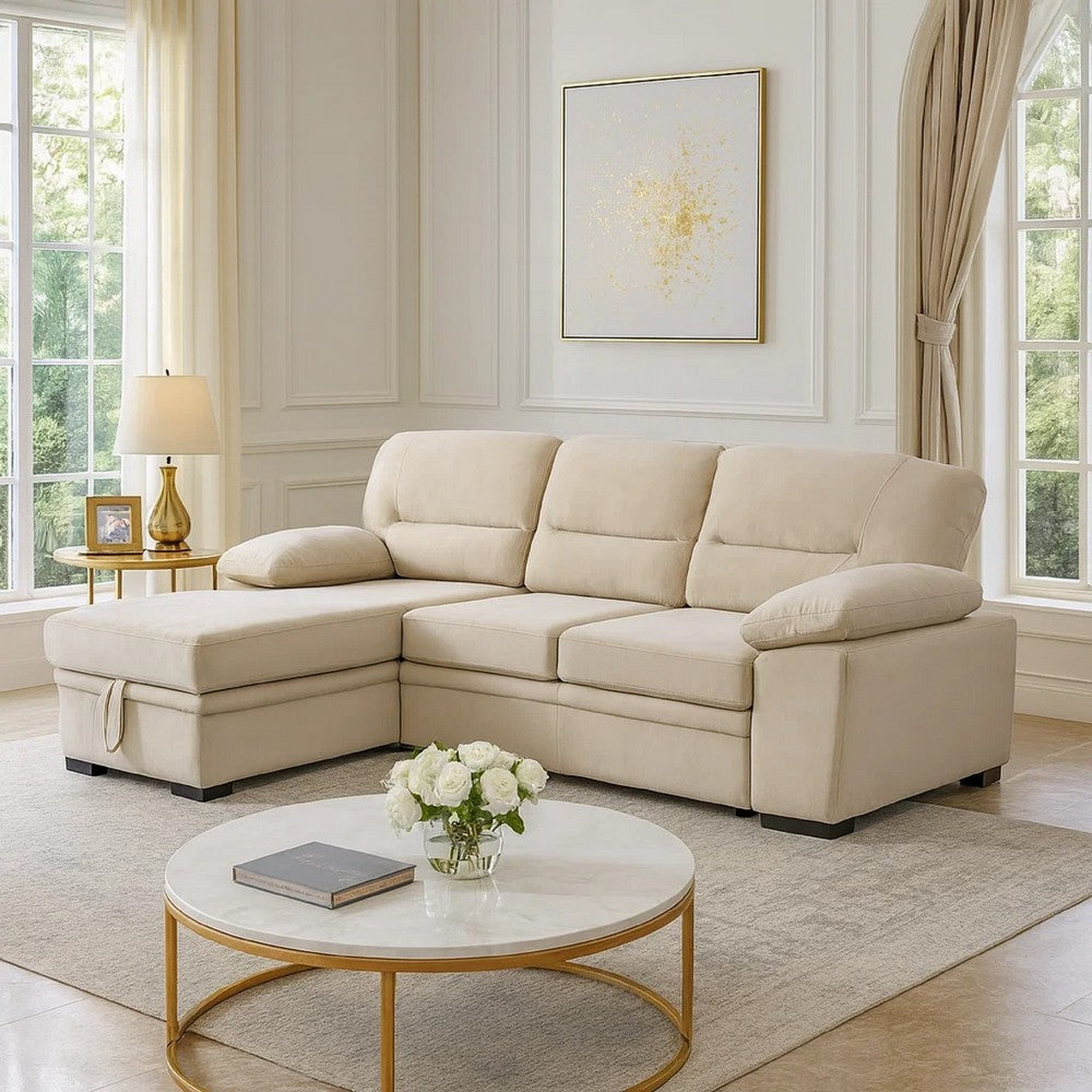 Exie 98 Inch 2 Piece Sectional Sofa, Pull Out Bed, Storage, Beige Velvet