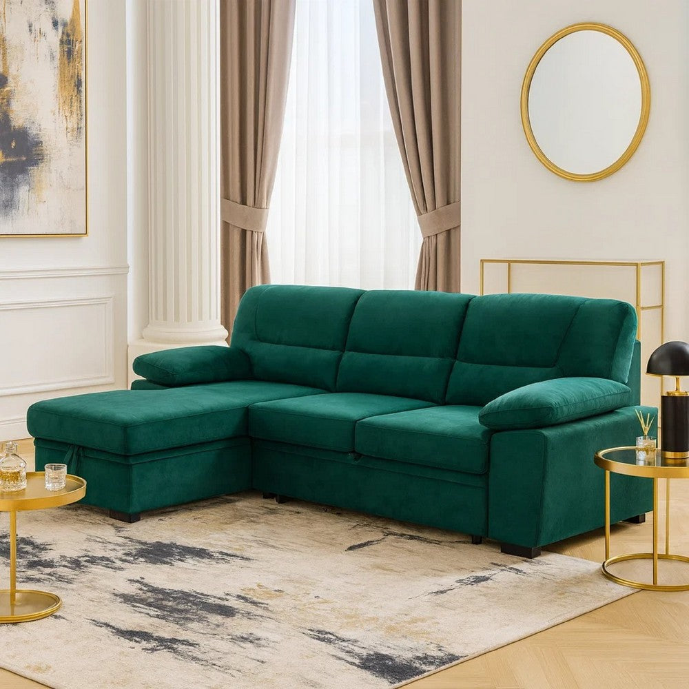Exie 98 Inch 2 Piece Sectional Sofa, Pull Out Bed, Storage, Green Velvet