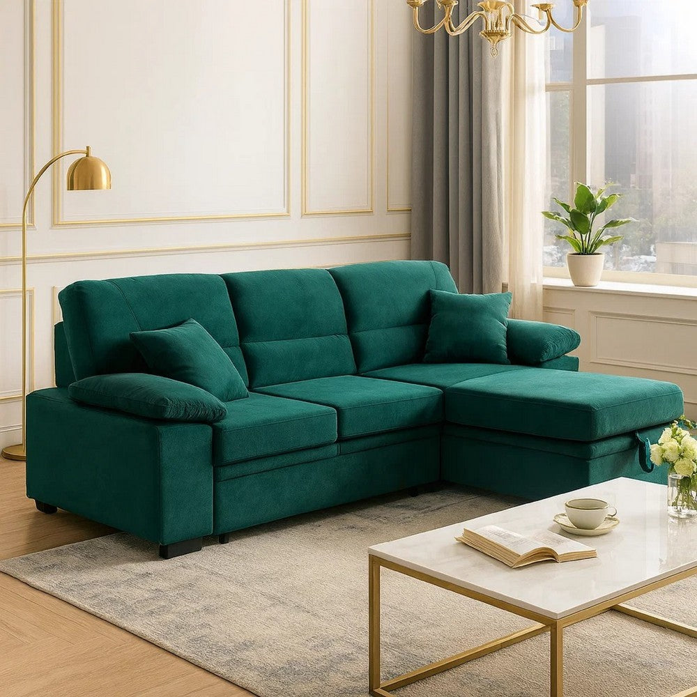 Exie 98 Inch 2 Piece Sectional Sofa, Pull Out Bed, Storage, Green Velvet