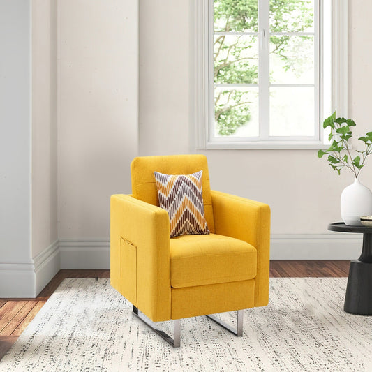 Lewa 34 inch Modern Accent Armchair, Silver Metal Legs, Tufted Seat, Yellow By Casagear Home