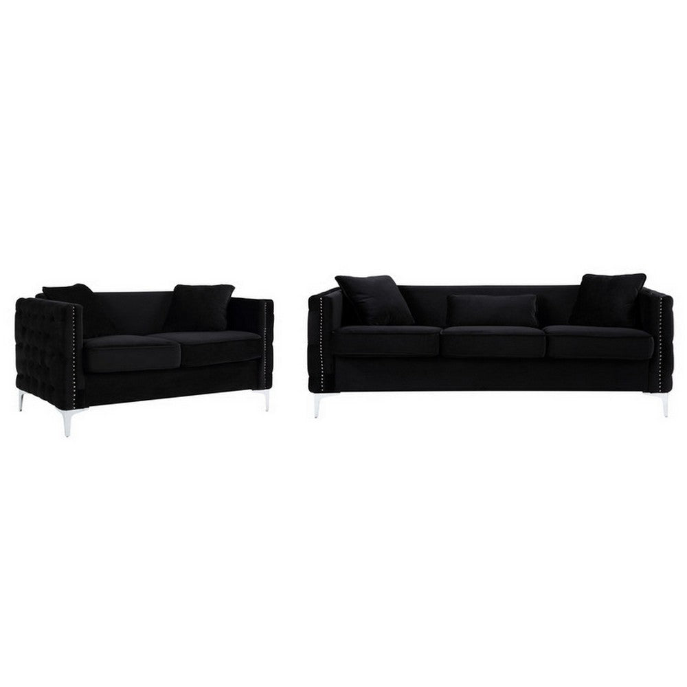 Zion 2 Piece Sofa and Loveseat Set, Deep Button Tufted, Jet Black Velvet