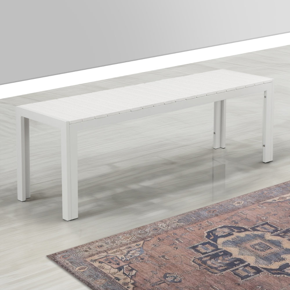 Theo 53 Inch Outdoor Bench, White Aluminum Frame, Plank Style Seat Surface By Casagear Home