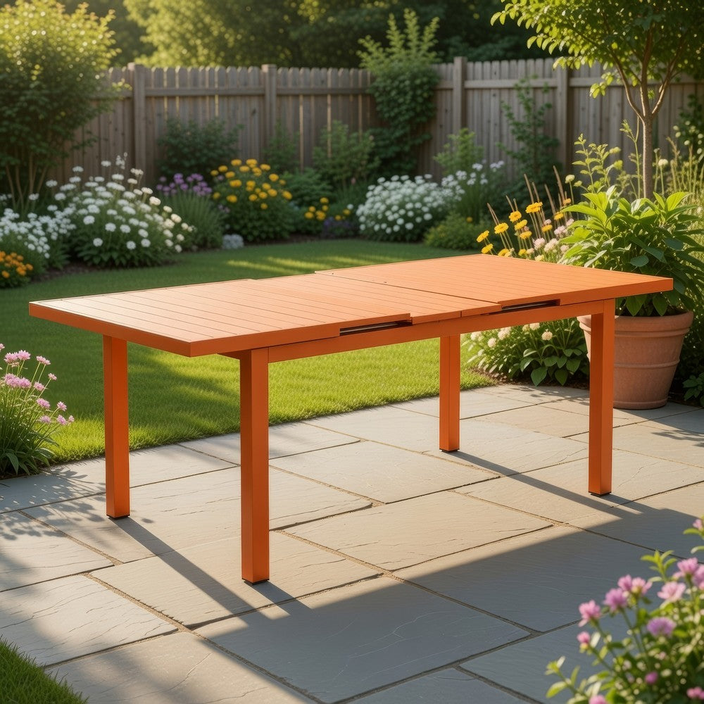 Meta Dining Table | 95" | Extendable | Orange Aluminum Plank Top