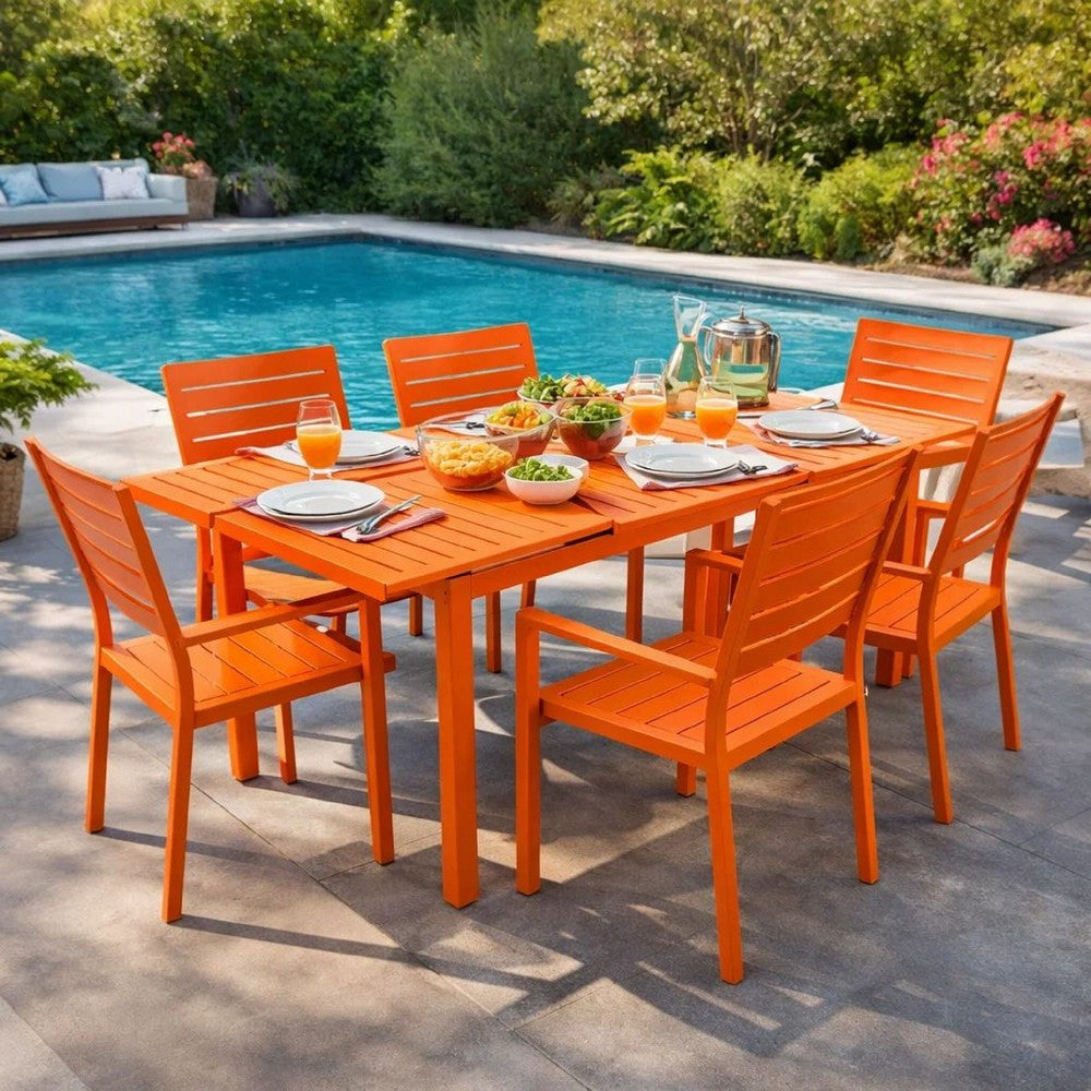 Meta Dining Table | 95" | Extendable | Orange Aluminum Plank Top