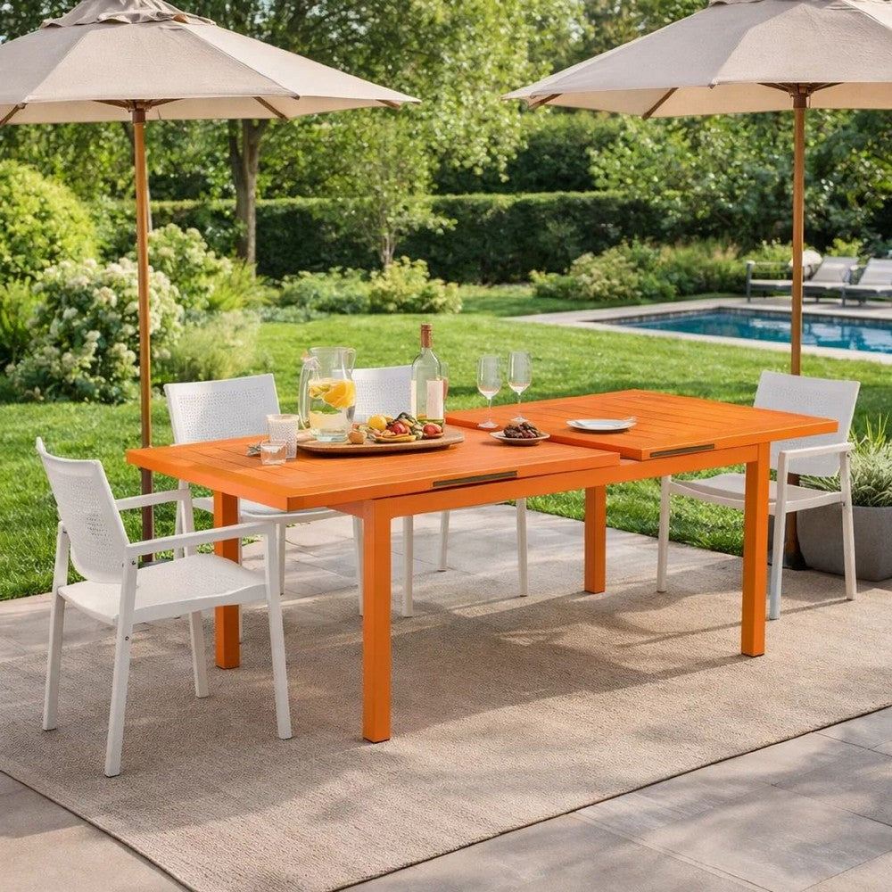 Meta Dining Table | 95" | Extendable | Orange Aluminum Plank Top