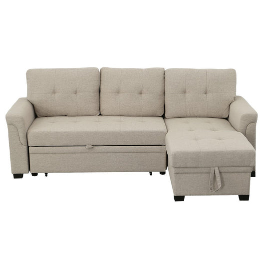 Elliot 84 Inch Sleeper Sectional Sofa, Storage Chaise, Light Gray Linen