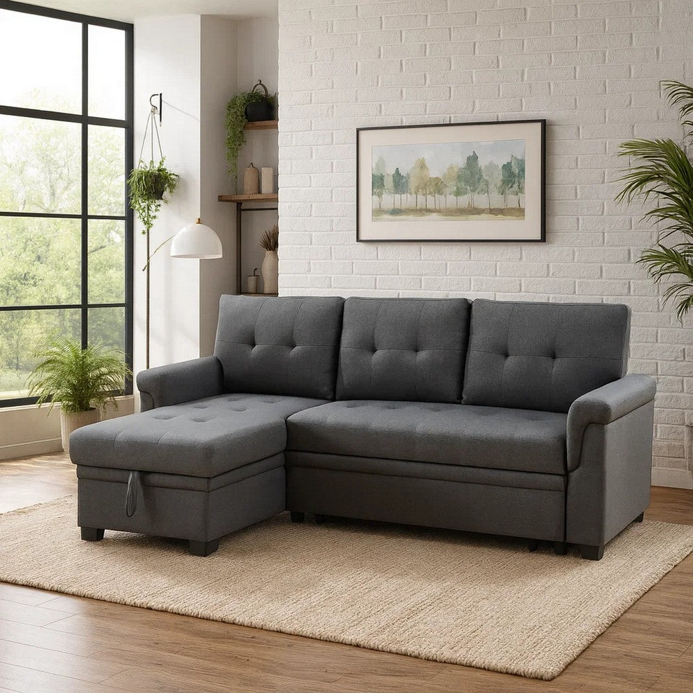 Elliot 84 Inch Sleeper Sectional Sofa with Storage Chaise, Dark Gray Linen