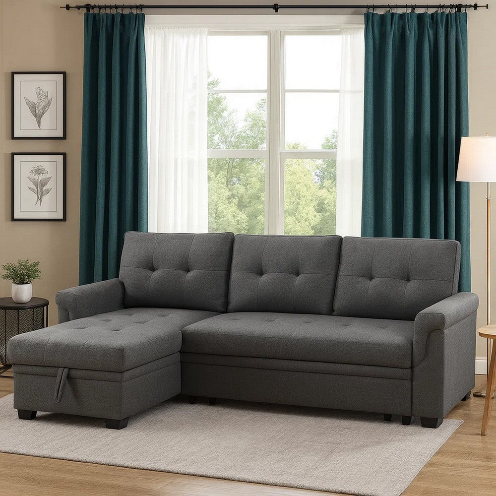 Elliot 84 Inch Sleeper Sectional Sofa with Storage Chaise, Dark Gray Linen