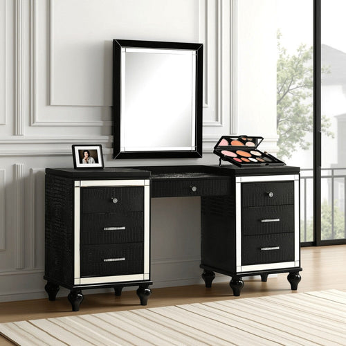 Kya Vanity Table | 64" | 7 Drawers | Mirrored Trim | Glam Black