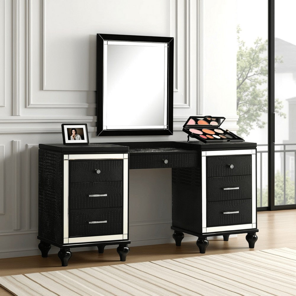 Kya Vanity Table | 64" | 7 Drawers | Mirrored Trim | Glam Black
