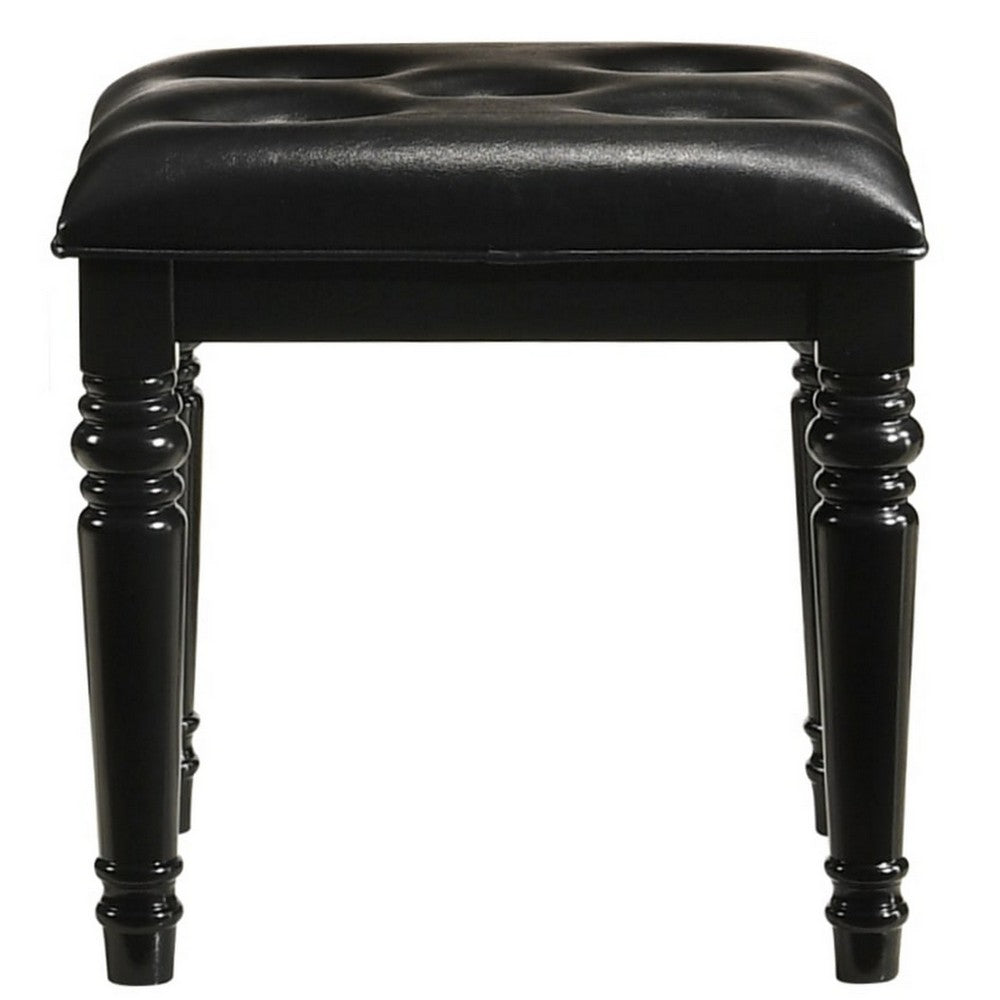 Kya Vanity Stool | 20’’ | Tufted Black Faux Leather | Turned Legs BM287977