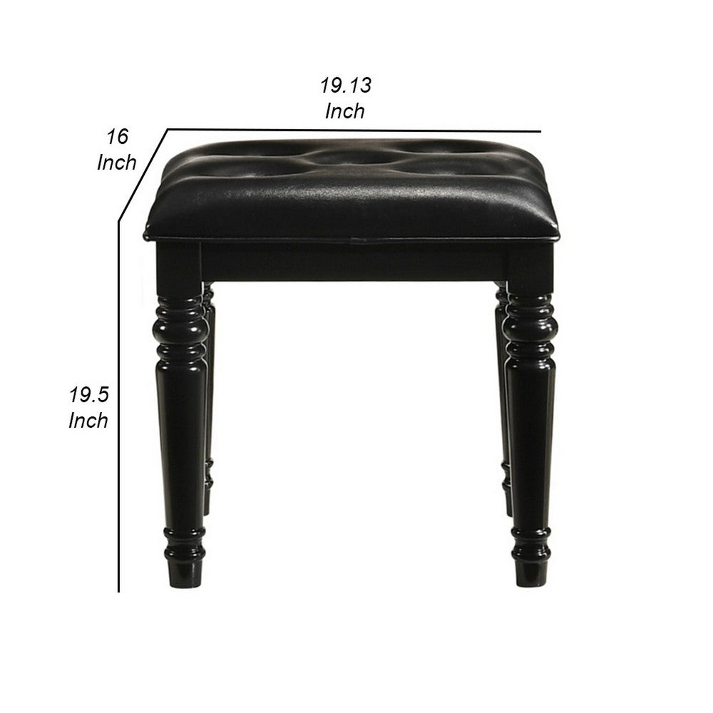 Kya Vanity Stool | 20’’ | Tufted Black Faux Leather | Turned Legs BM287977