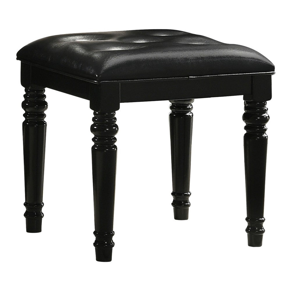 Kya Vanity Stool | 20’’ | Tufted Black Faux Leather | Turned Legs BM287977