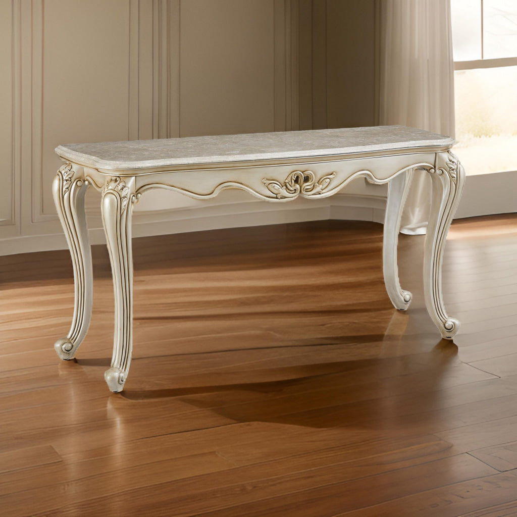 Joss 58 Inch Console Table Genuine Marble Top Antique White Champagne By Casagear Home BM288001