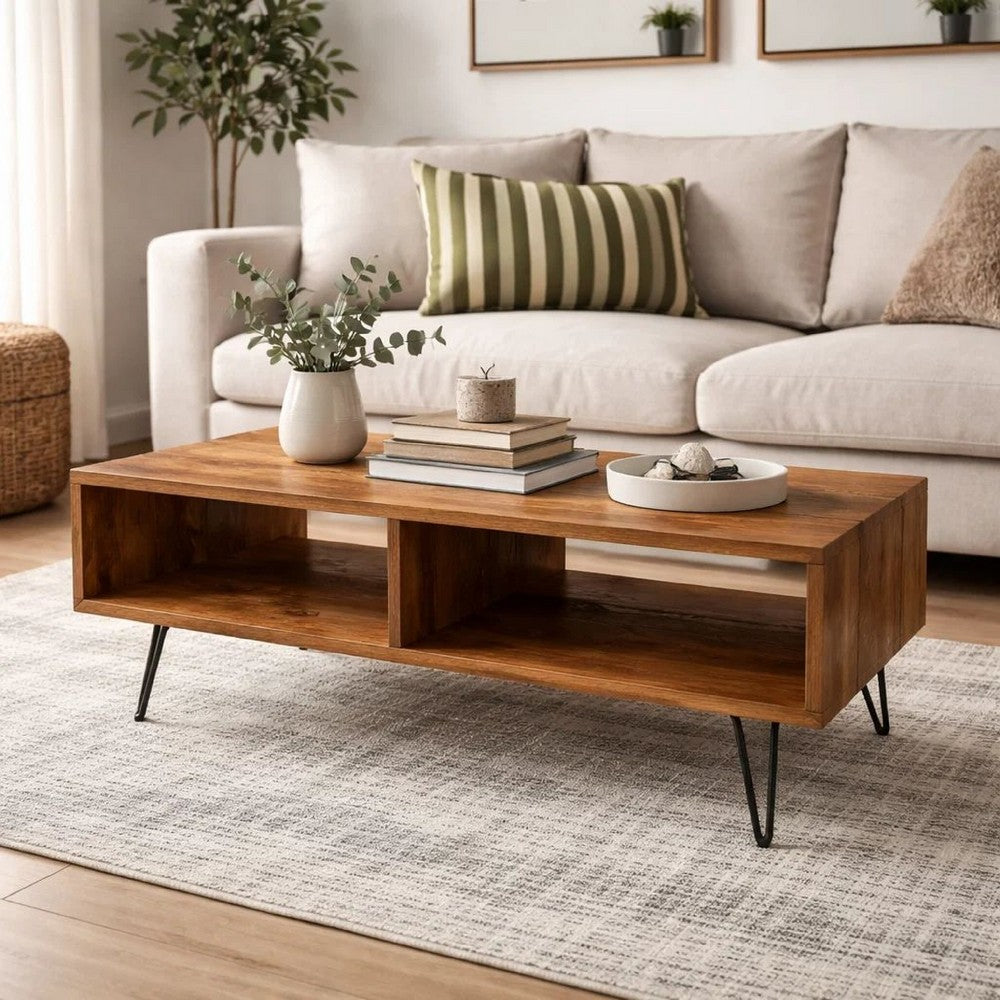 Cocktail Coffee Table | 42" | Open Compartments | Brown Wood Top