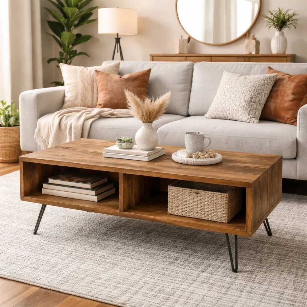 Cocktail Coffee Table | 42" | Open Compartments | Brown Wood Top