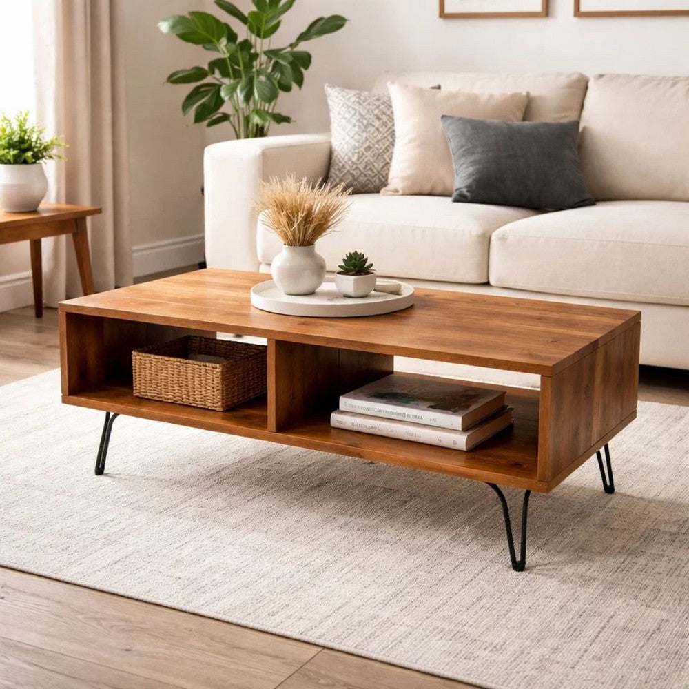 Cocktail Coffee Table | 42" | Open Compartments | Brown Wood Top