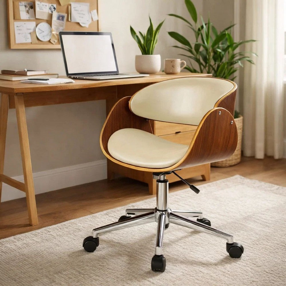 Joan Office Chair | 23" | Swivel | Beige Faux Leather | Brown Frame