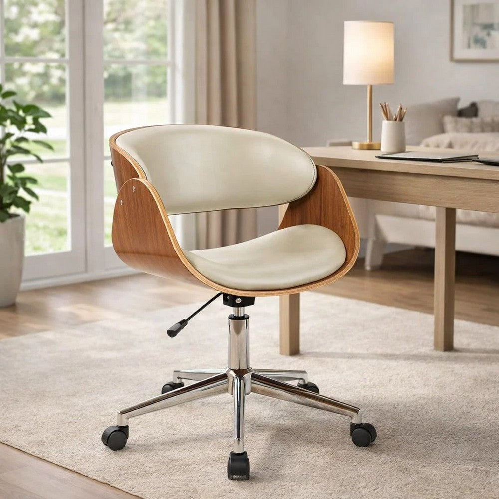 Joan Office Chair | 23" | Swivel | Beige Faux Leather | Brown Frame