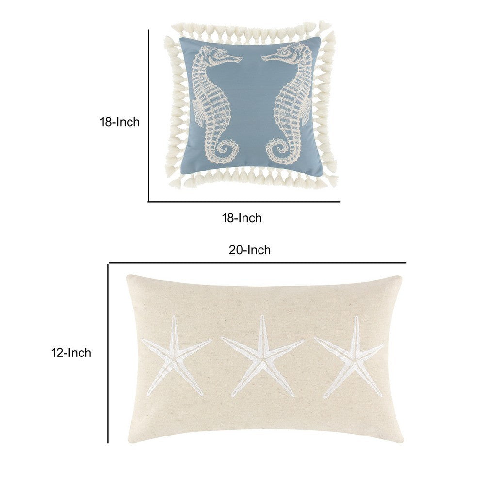 Set of 2 Decorative Throw Pillows, Seahorse and Starfish Polyester, Tassels By Casagear Home