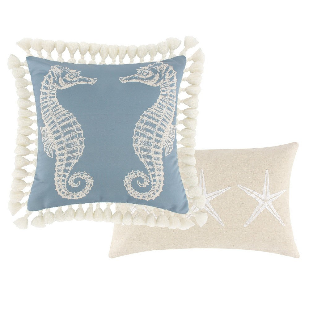 Set of 2 Decorative Throw Pillows, Seahorse and Starfish Polyester, Tassels By Casagear Home