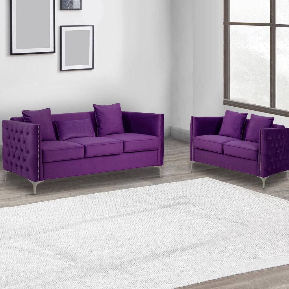 Joel Modern 2 Piece Sofa and Loveseat Living Room Set Tufted Purple Velvet By Casagear Home BM293146