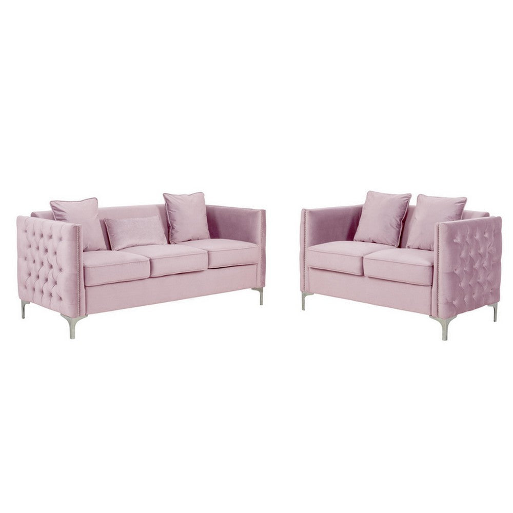 Joel Modern 2 Piece Sofa and Loveseat Living Room Set, Tufted Pink Velvet By Casagear Home