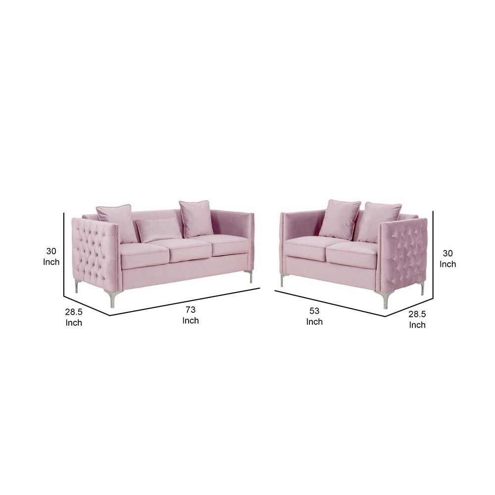 Joel Modern 2 Piece Sofa and Loveseat Living Room Set Tufted Pink Velvet By Casagear Home BM293148