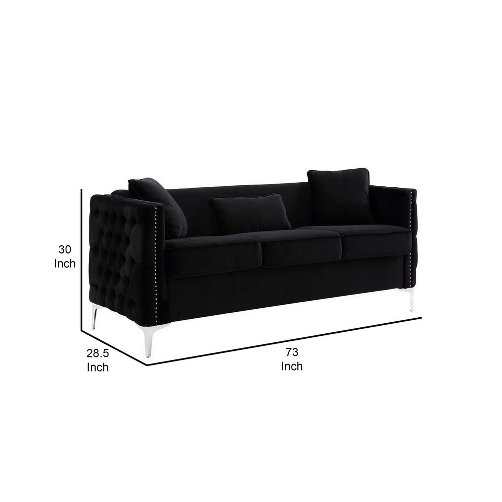 Joel 73 Inch Modern Sofa with 3 Pillows, Tufted Black Velvet, Silver Legs By Casagear Home