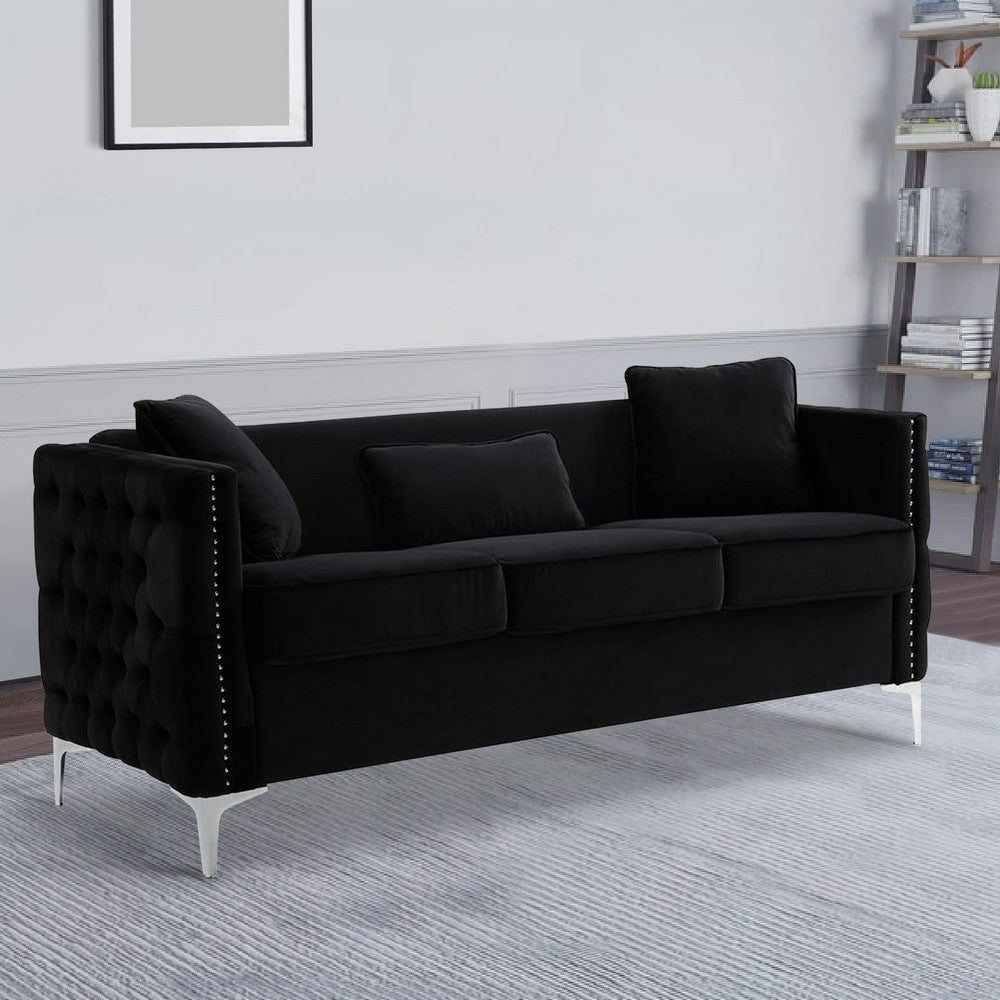 Joel Sofa | 73" | 3 Pillows | Tufted Black Velvet | Silver Legs