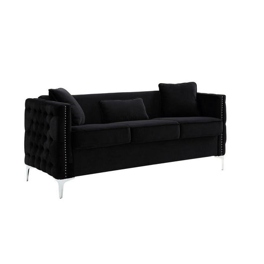 Joel 73 Inch Modern Sofa with 3 Pillows, Tufted Black Velvet, Silver Legs By Casagear Home