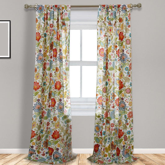 Curtain Panel | 84" | Red & Blue Floral | Back Ties