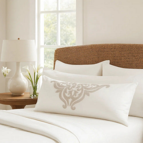 Lenz Lumbar King Pillow Sham | 20 x 36 | Ivory Damask Embroidery