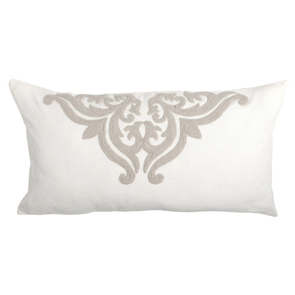 Lenz 20 X 36 Lumbar King Pillow Sham, Hand Stitched Ivory Damask Embroidery By Casagear Home