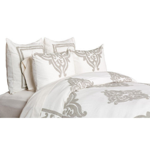 Lenz Queen Duvet Cover | Cotton | Hand Stitched Damask | Ivory