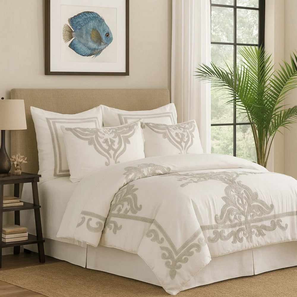 Lenz King Duvet Cover | Cotton | Hand Stitched Damask | Ivory