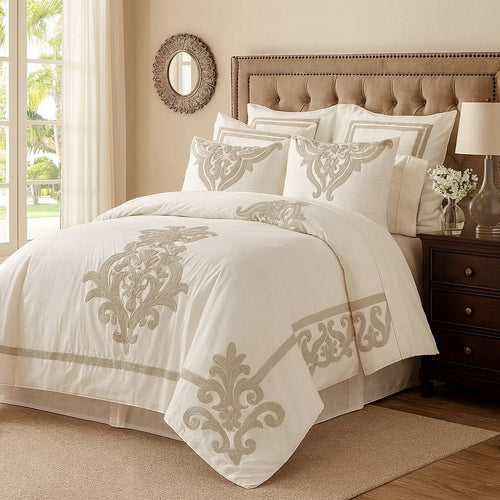 Lenz King Duvet Cover | Cotton | Hand Stitched Damask | Ivory