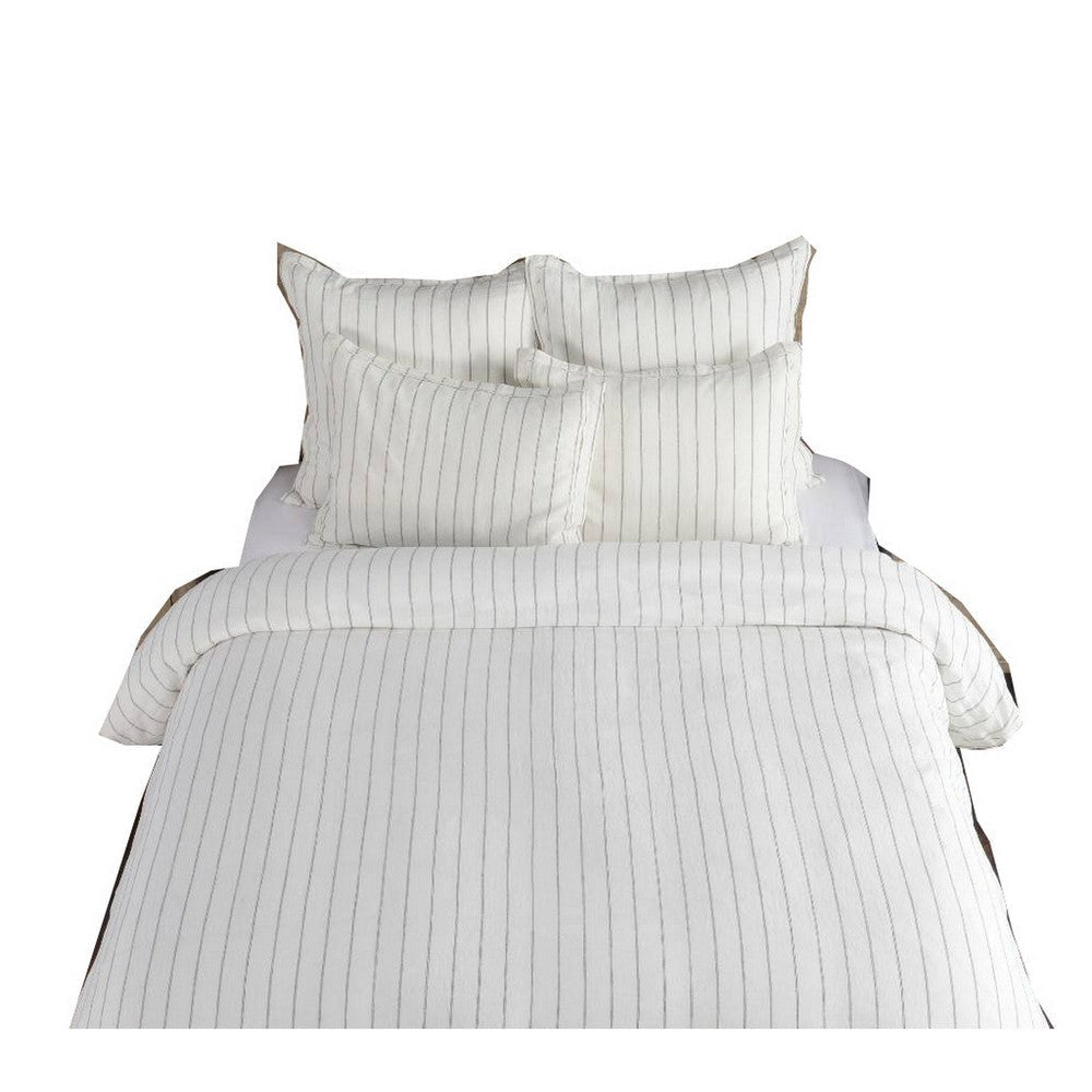 Tara King Size Linen Duvet Cover Stripe Design and Mitered Corners Ivory By Casagear Home BM293245