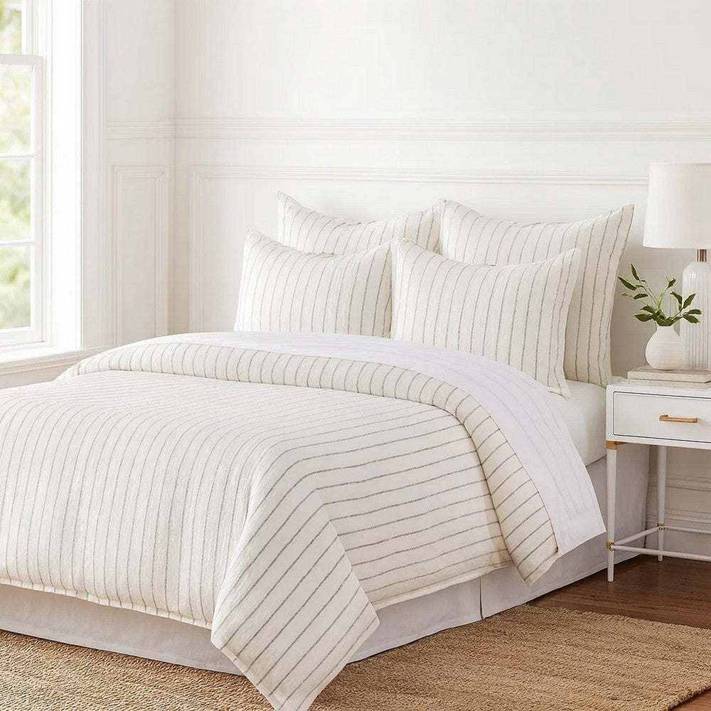 Tara King Duvet Cover | Linen | Stripe Design | Mitered Corners | Ivory