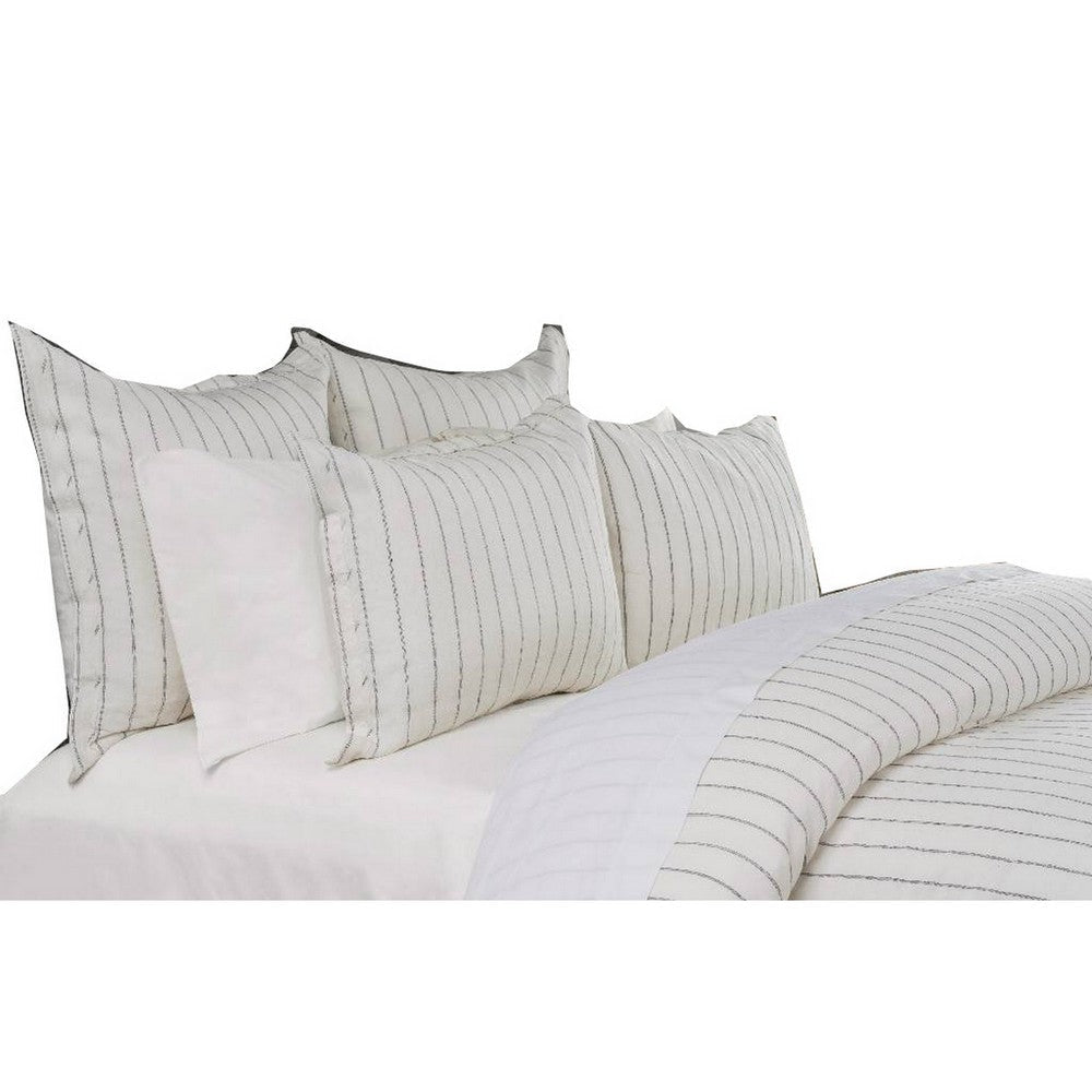 Tara King Size Linen Duvet Cover, Stripe Design and Mitered Corners, Ivory By Casagear Home