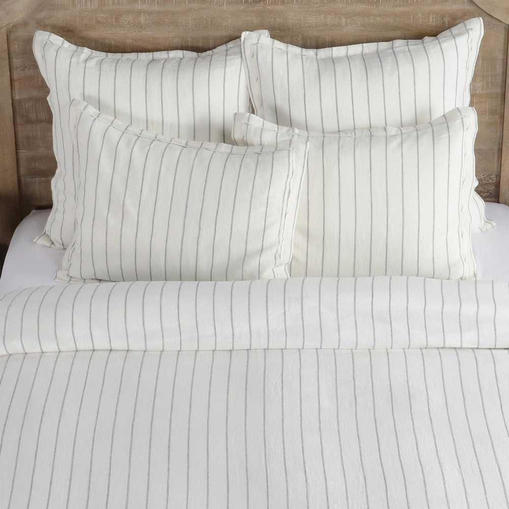 Tara Queen Size Linen Duvet Cover Stripe Design and Mitered Corners Ivory By Casagear Home BM293259