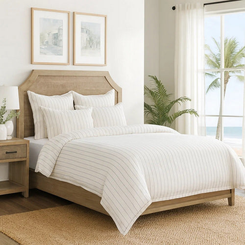 Tara Queen Duvet Cover | Linen | Stripe Design | Mitered Corners | Ivory