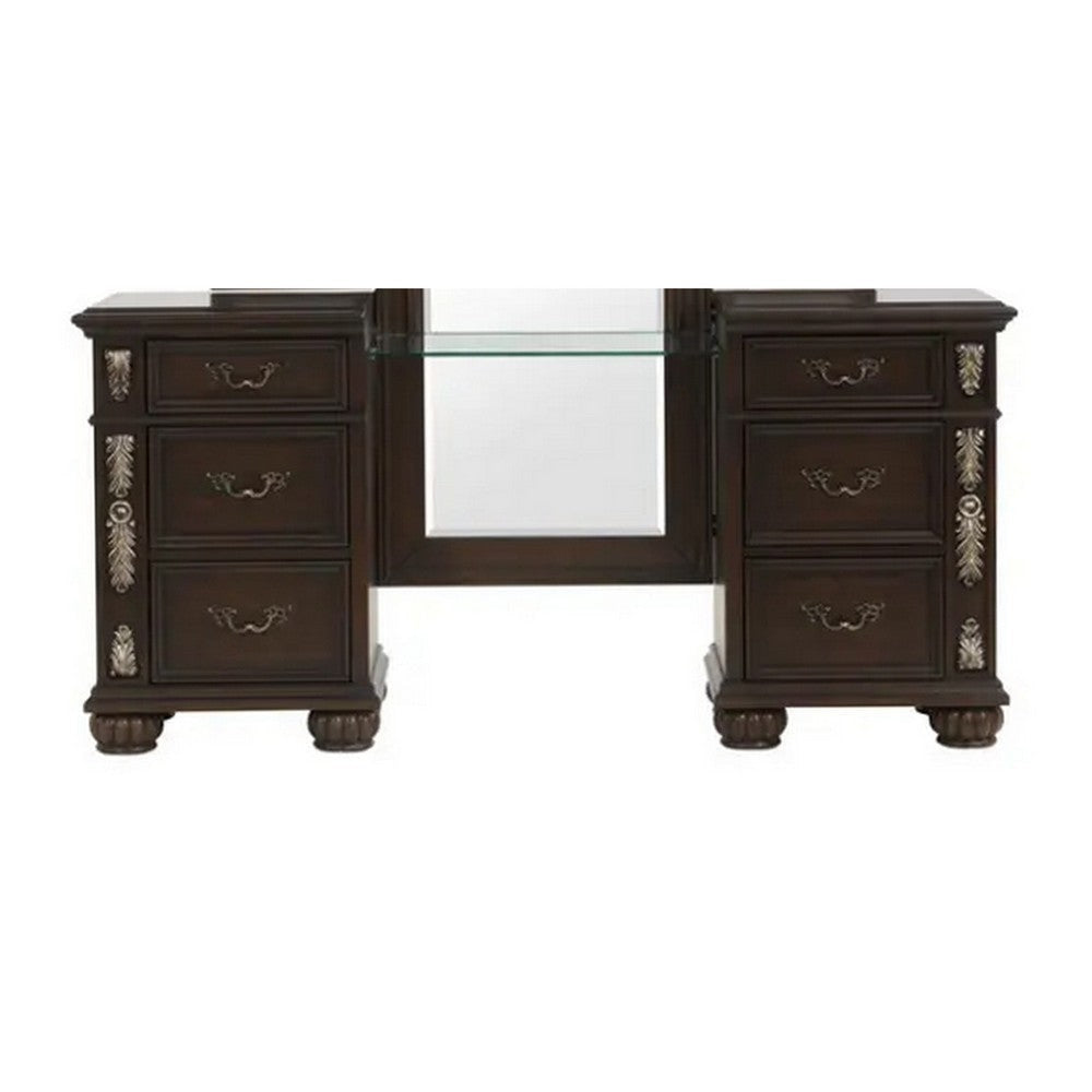 Mady 68 Inch Vanity Table 6 Drawers Ornate Floral Trim Espresso Brown By Casagear Home BM293307