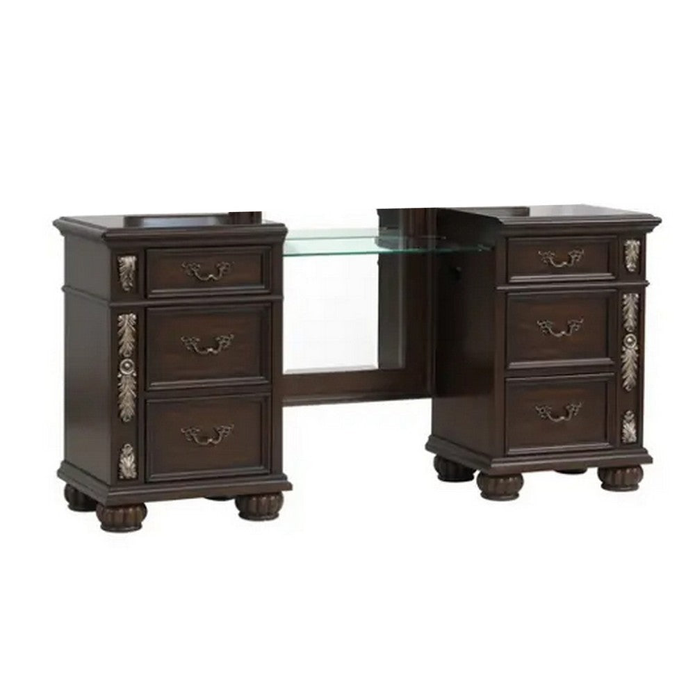 Mady 68 Inch Vanity Table, 6 Drawers, Ornate Floral Trim, Espresso Brown By Casagear Home