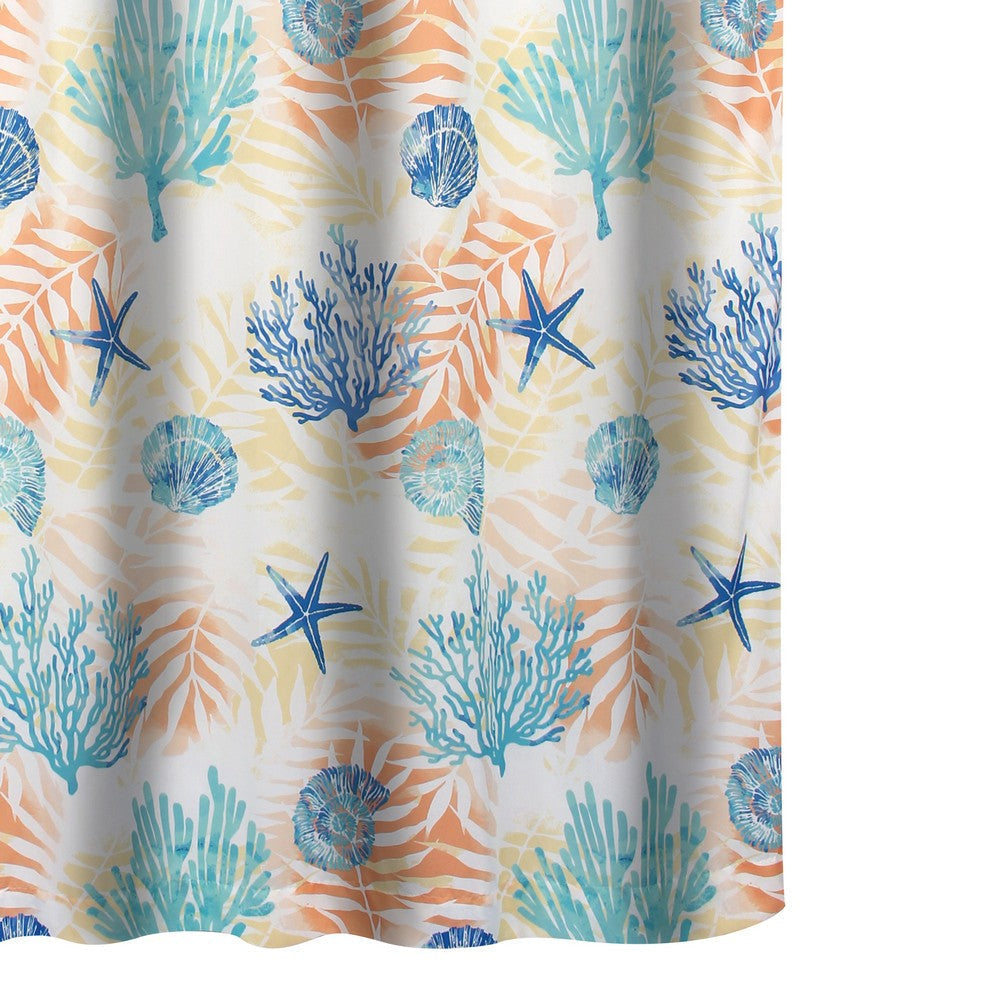 Geo 72 Inch Shower Curtain White Blue Polyester Seashells and Ferns Print By Casagear Home BM293438