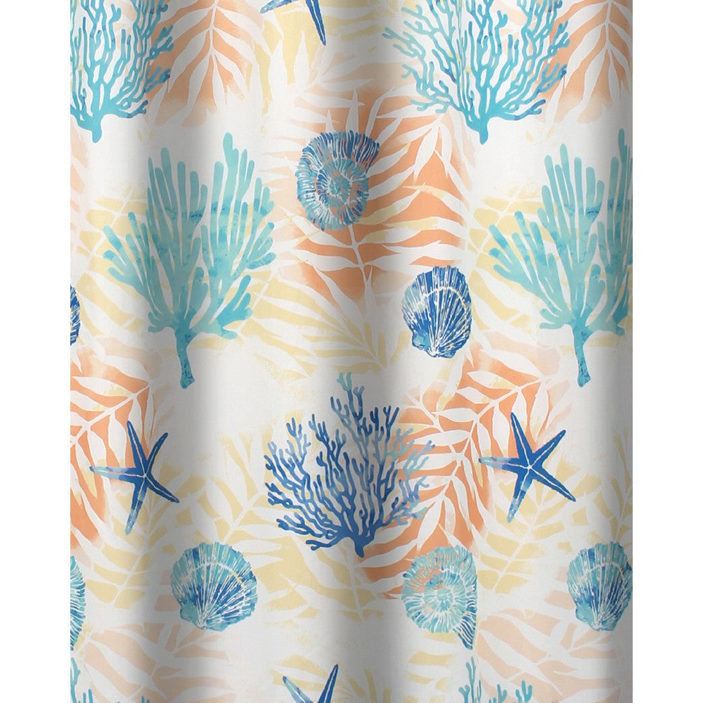 Geo 72 Inch Shower Curtain White Blue Polyester Seashells and Ferns Print By Casagear Home BM293438