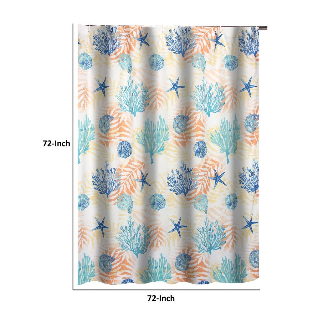 Geo 72 Inch Shower Curtain White Blue Polyester Seashells and Ferns Print By Casagear Home BM293438