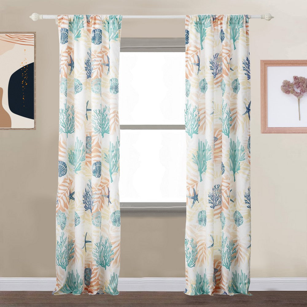 Geo 84 Inch Window Curtains, White Blue Polyester, Seashells Ferns Print By Casagear Home