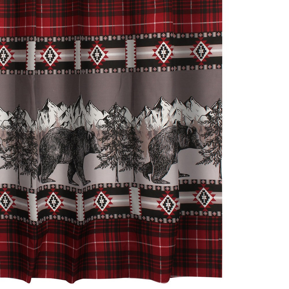 Sofia 72 Inch Bear Shower Curtain Red and Black Plaid Poly Microfiber By Casagear Home BM293440