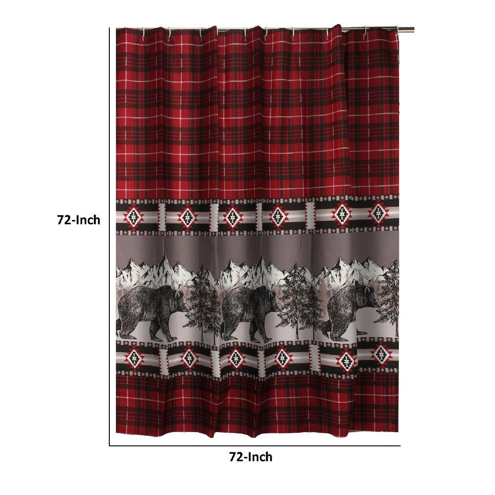 Sofia 72 Inch Bear Shower Curtain Red and Black Plaid Poly Microfiber By Casagear Home BM293440